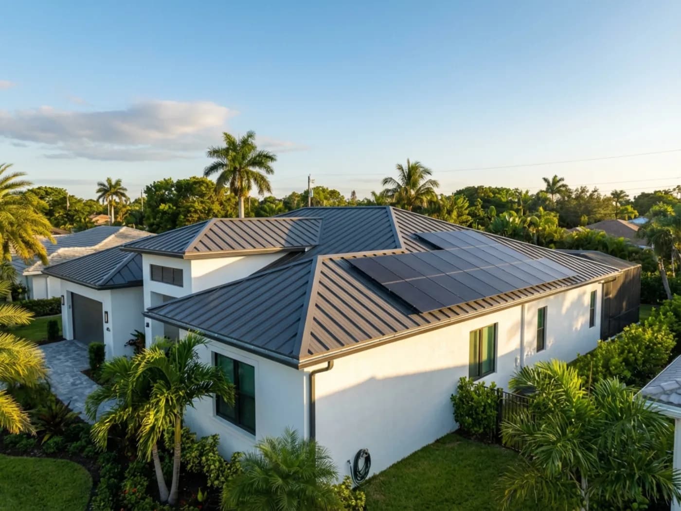 South Florida home with rooftop solar panels installed on a modern metal roof
