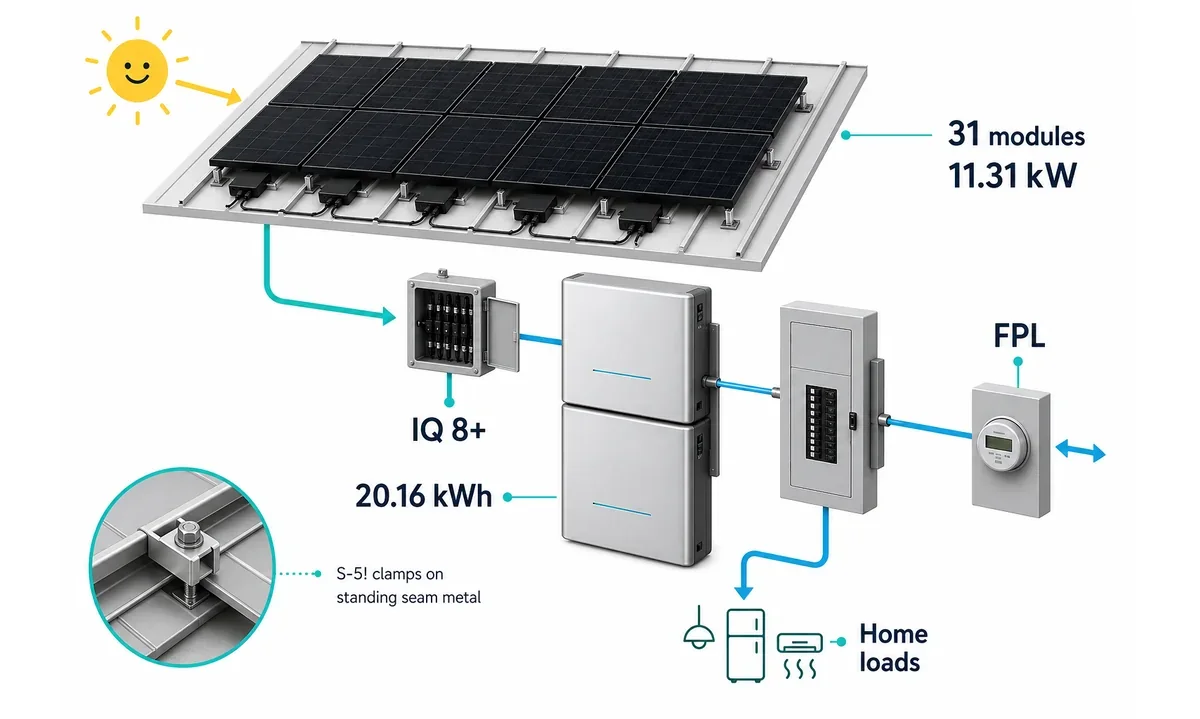Equipment diagram showing the Boca Raton solar system hardware and utility connection