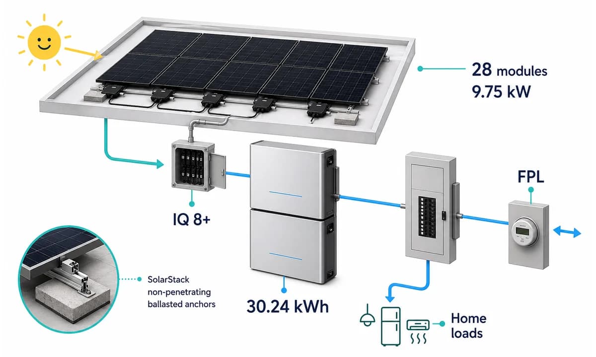 Equipment diagram showing the Boynton Beach solar system hardware and utility connection