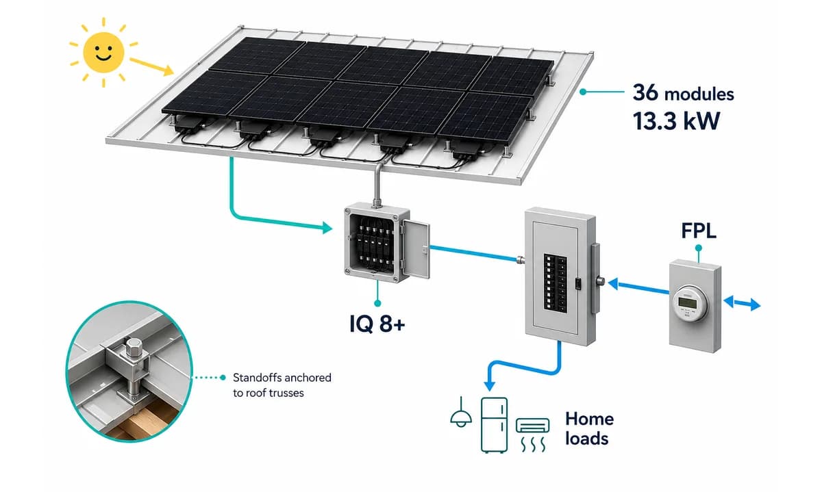 Equipment diagram showing the Cooper City solar system hardware and utility connection