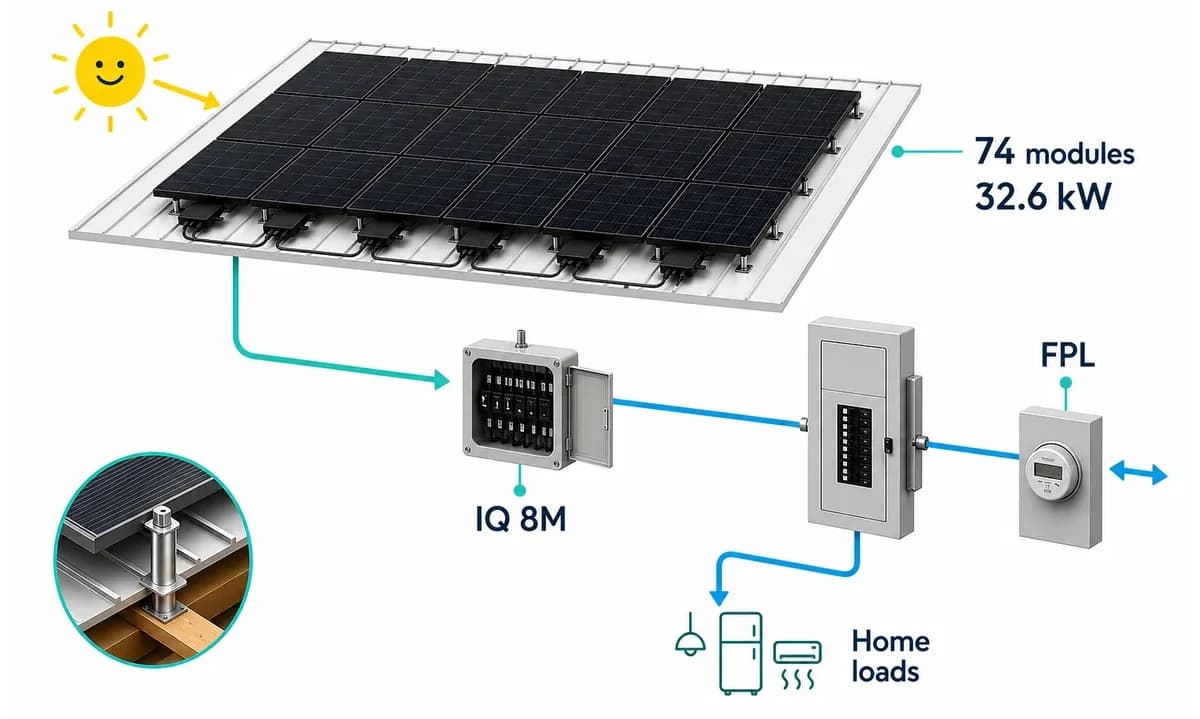 Equipment diagram showing the Coral Gables solar system hardware and utility connection