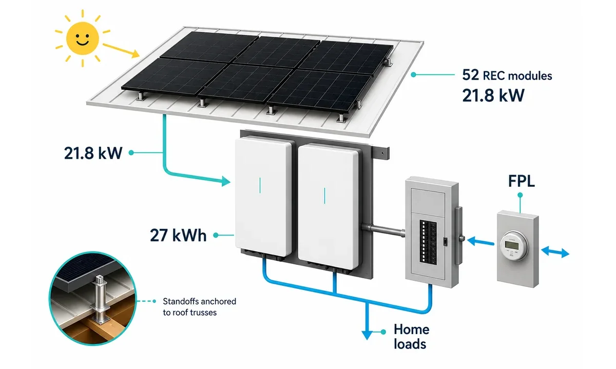 Equipment diagram showing the Coral Springs solar system hardware and utility connection