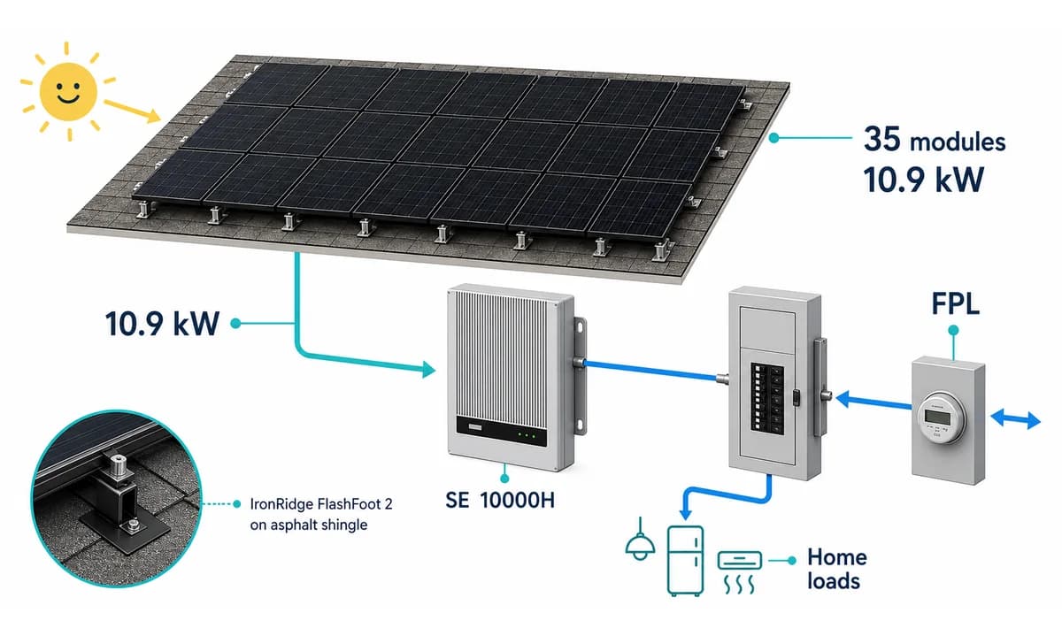 Equipment diagram showing the Cutler Bay solar system hardware and utility connection
