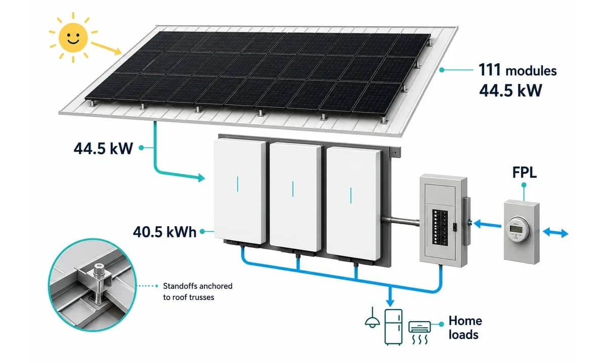 Equipment diagram showing the Davie solar system hardware and utility connection