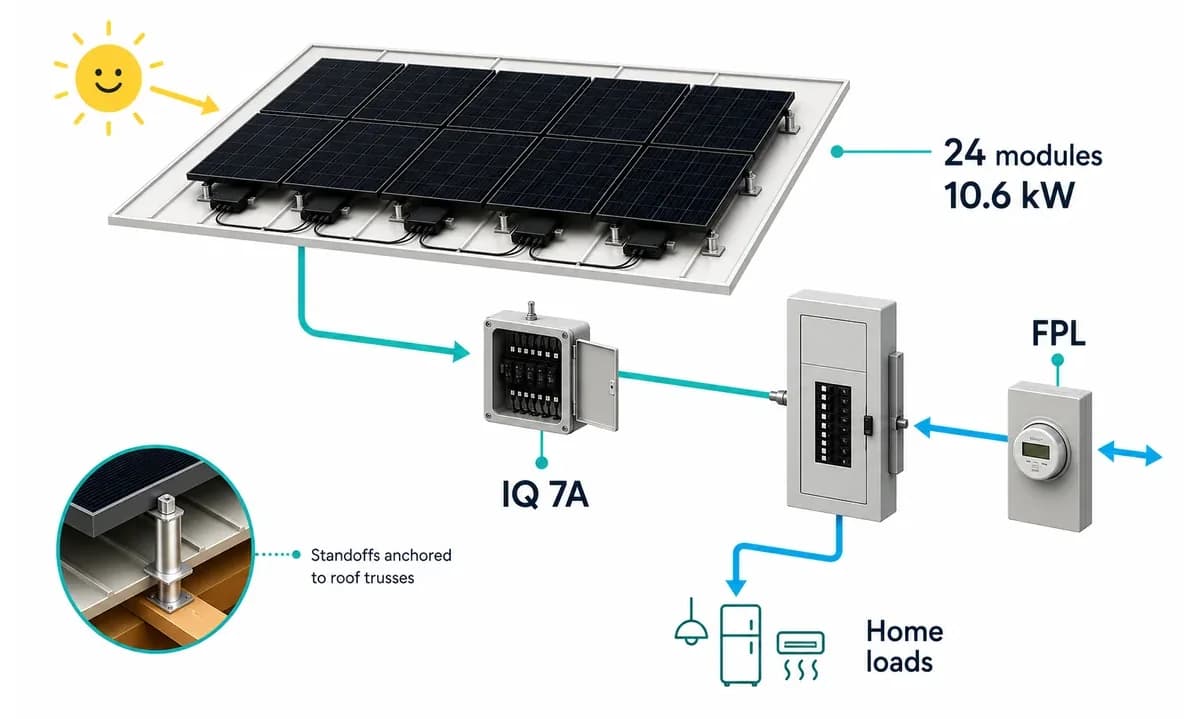 Equipment diagram showing the Deerfield Beach solar system hardware and utility connection