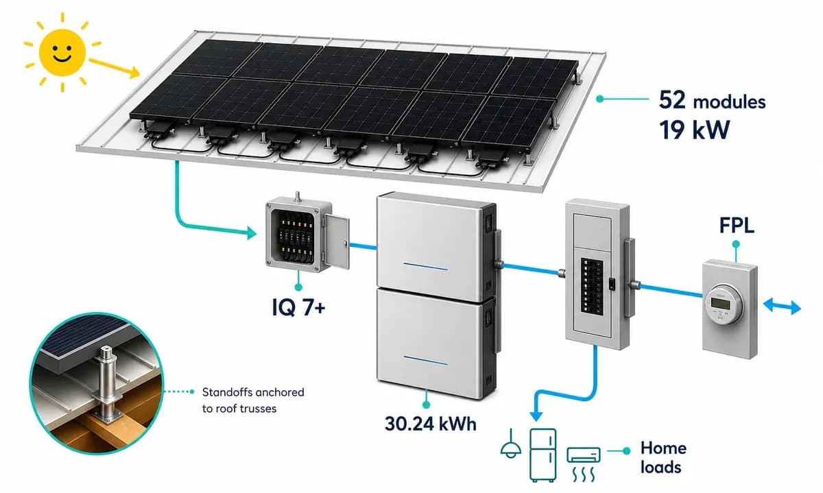 Equipment diagram showing the Delray Beach solar system hardware and utility connection