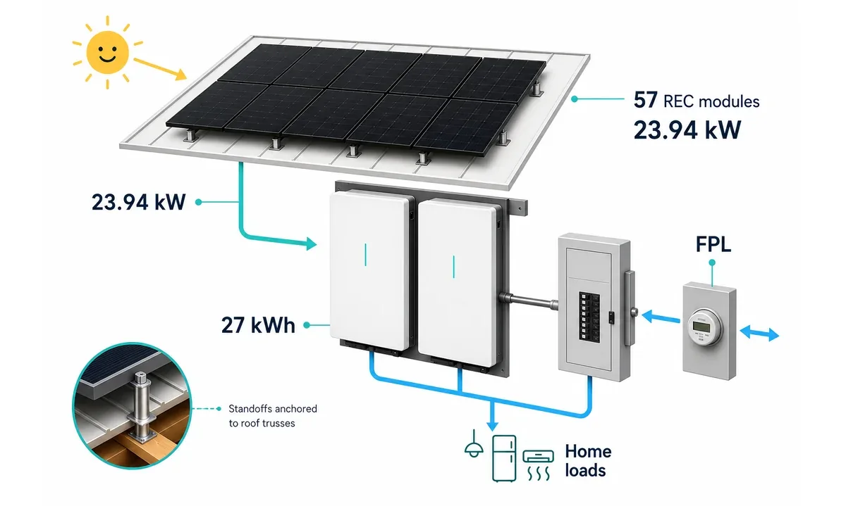 Equipment diagram showing the Delray Beach solar system hardware and utility connection