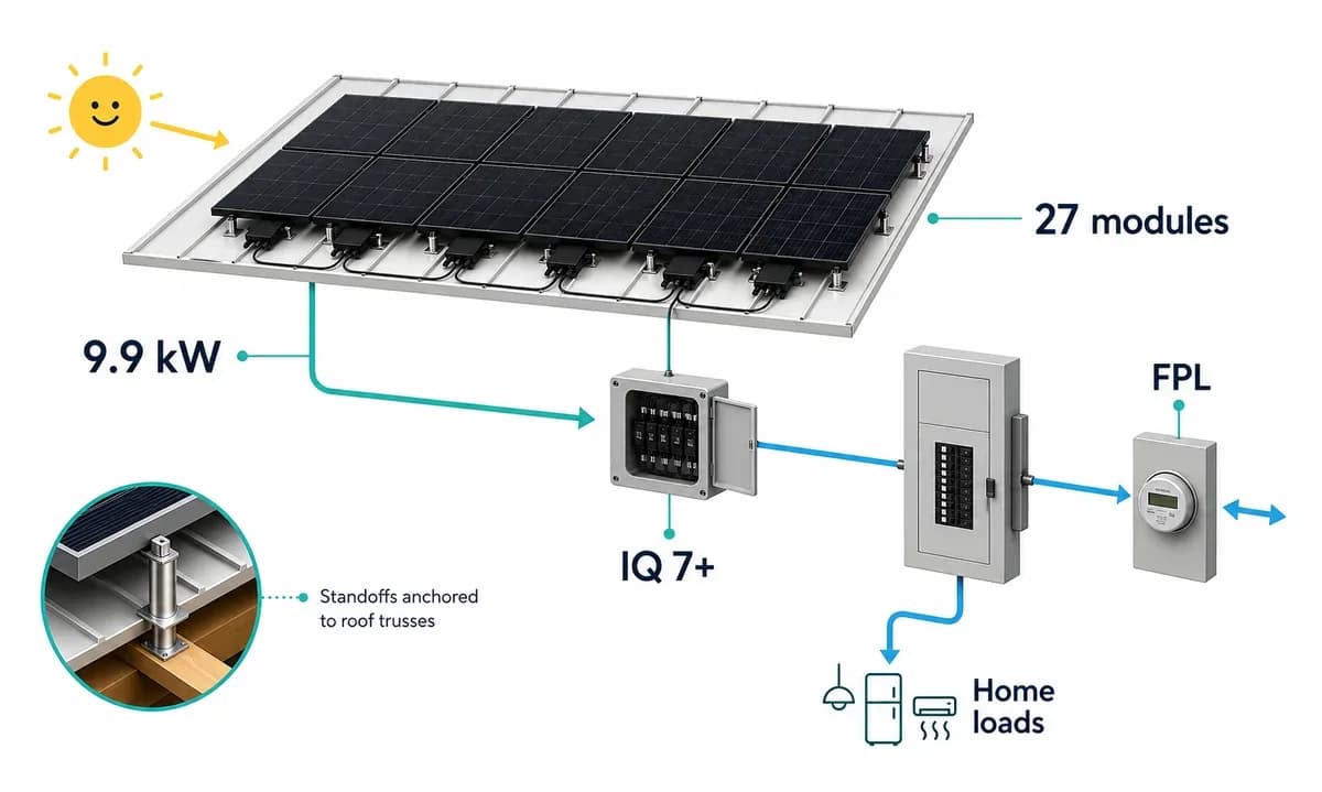 Equipment diagram showing the Hialeah Gardens solar system hardware and utility connection