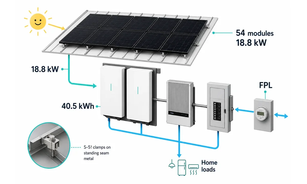 Equipment diagram showing the Key Biscayne solar system hardware and utility connection