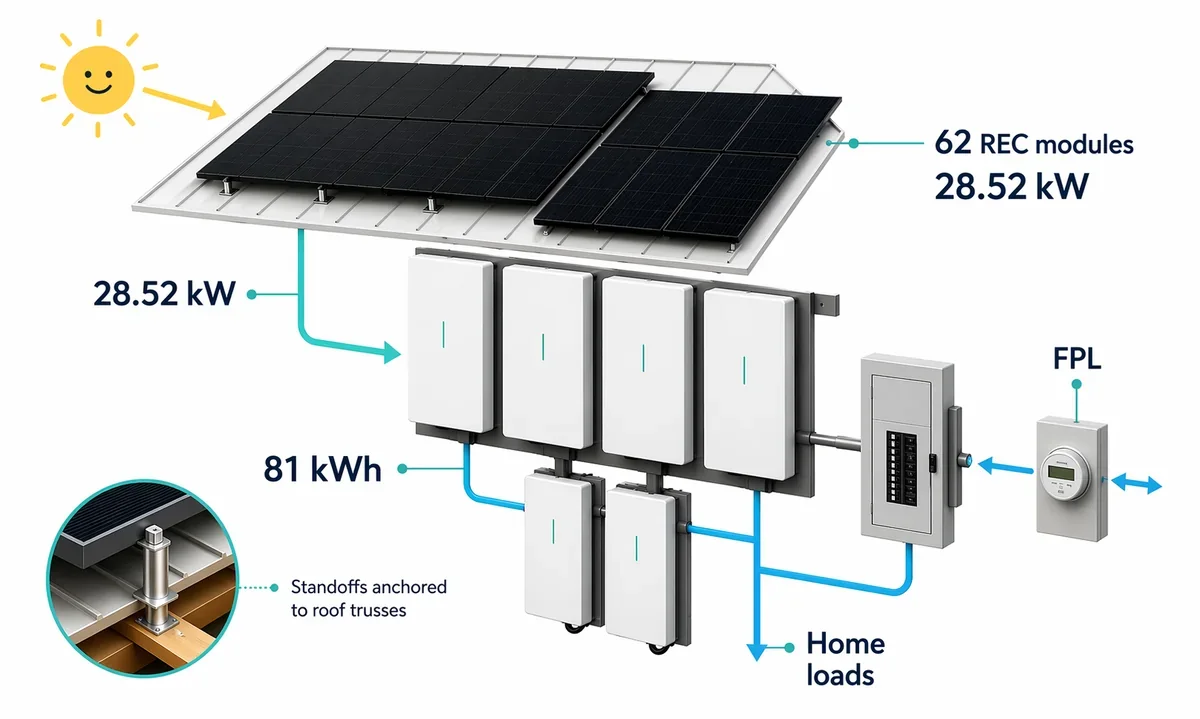 Equipment diagram showing the Miami Beach solar system hardware and utility connection
