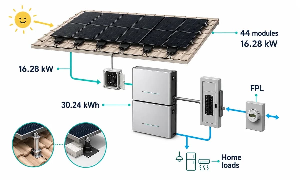 Equipment diagram showing the Miami Shores solar system hardware and utility connection