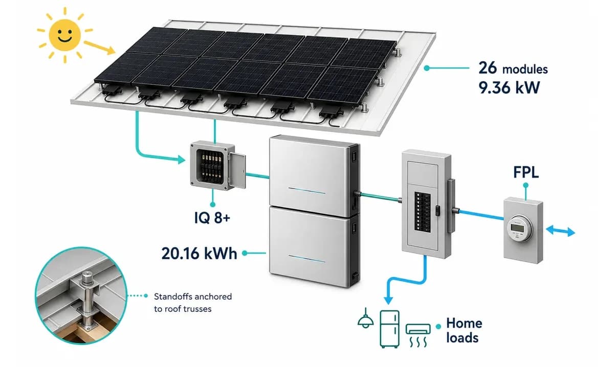 Equipment diagram showing the Ocean Ridge solar system hardware and utility connection