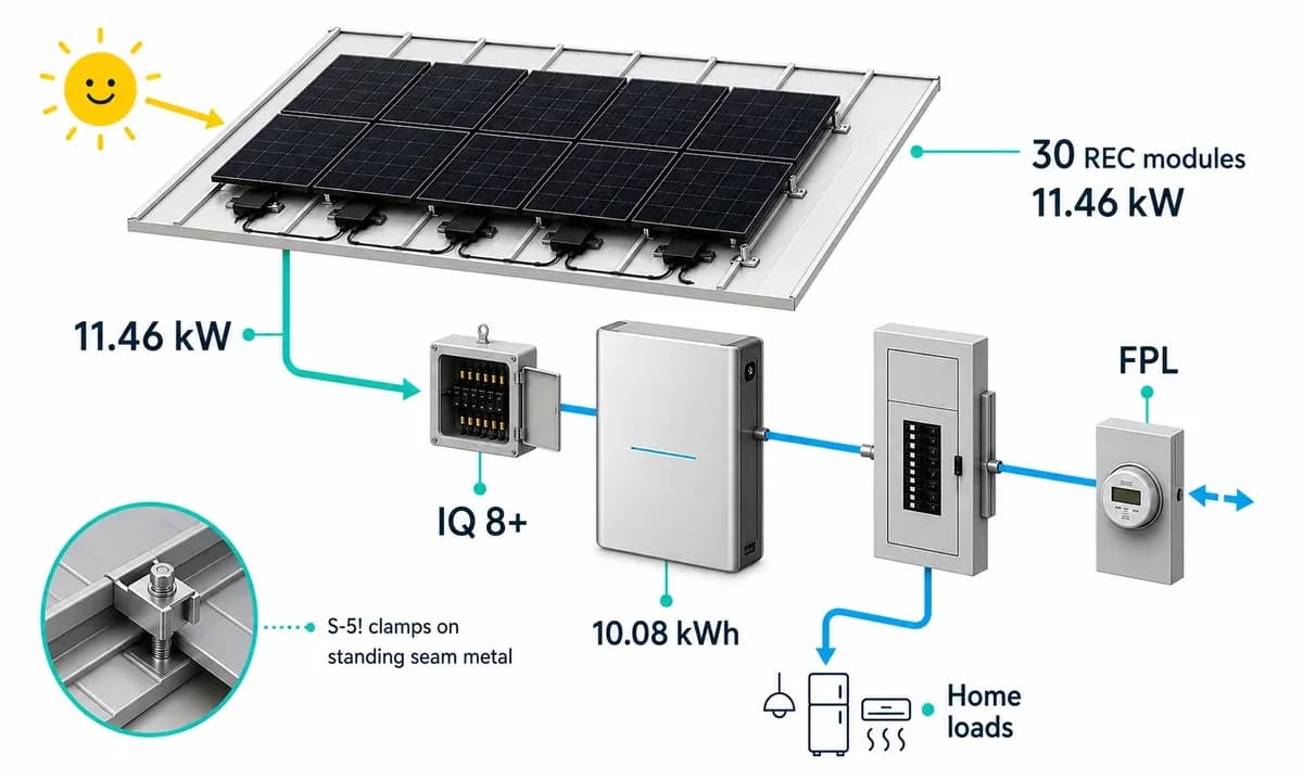 Equipment diagram showing the West Palm Beach solar system hardware and utility connection