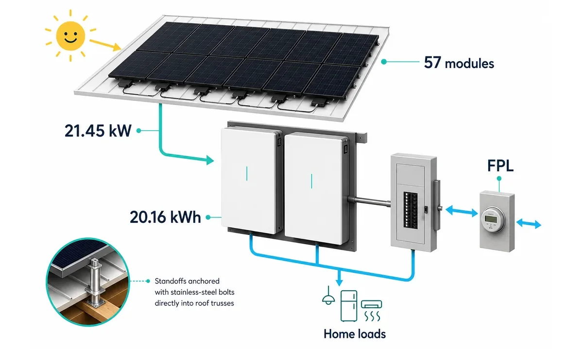 Equipment diagram showing the West Palm Beach solar system hardware and utility connection