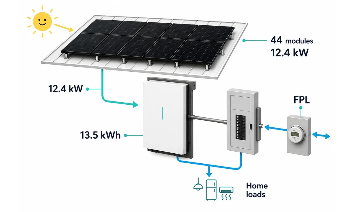 Equipment diagram showing the Weston solar system hardware and utility connection