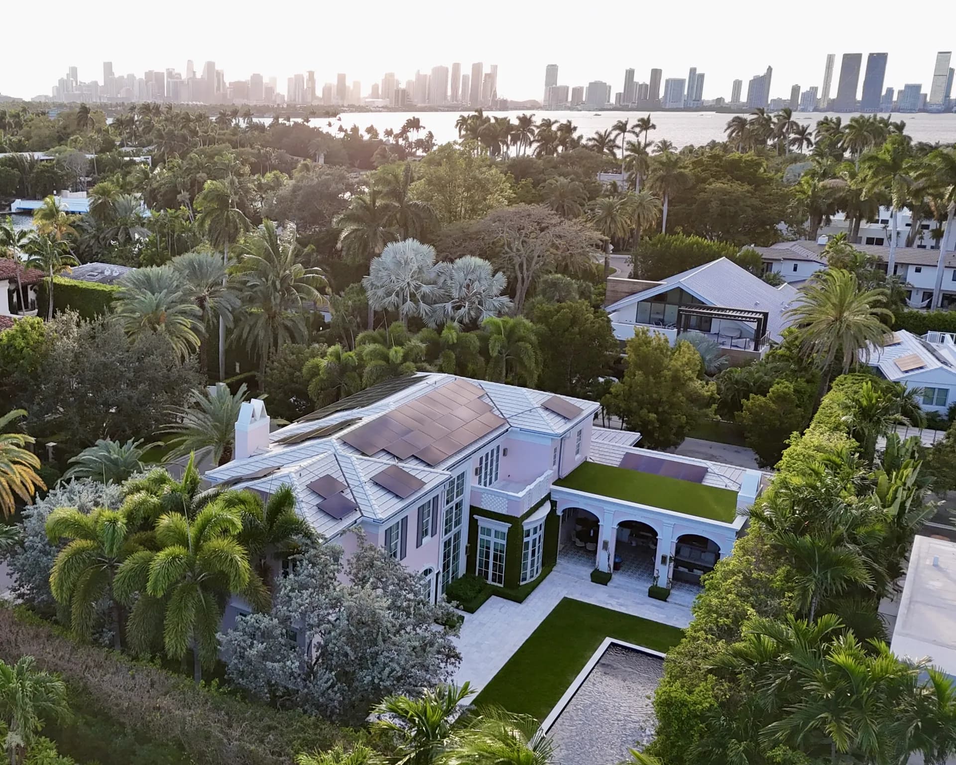 Sprightful Solar 28.2 kW solar system with 81 kWh battery backup installed on a Sunset Islands home in Miami Beach, Florida